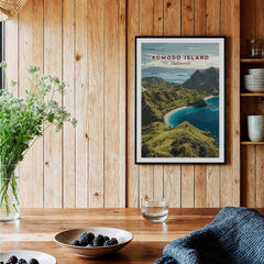Komodo Island travel art print in black frame hanging on cozy wooden kitchen wall