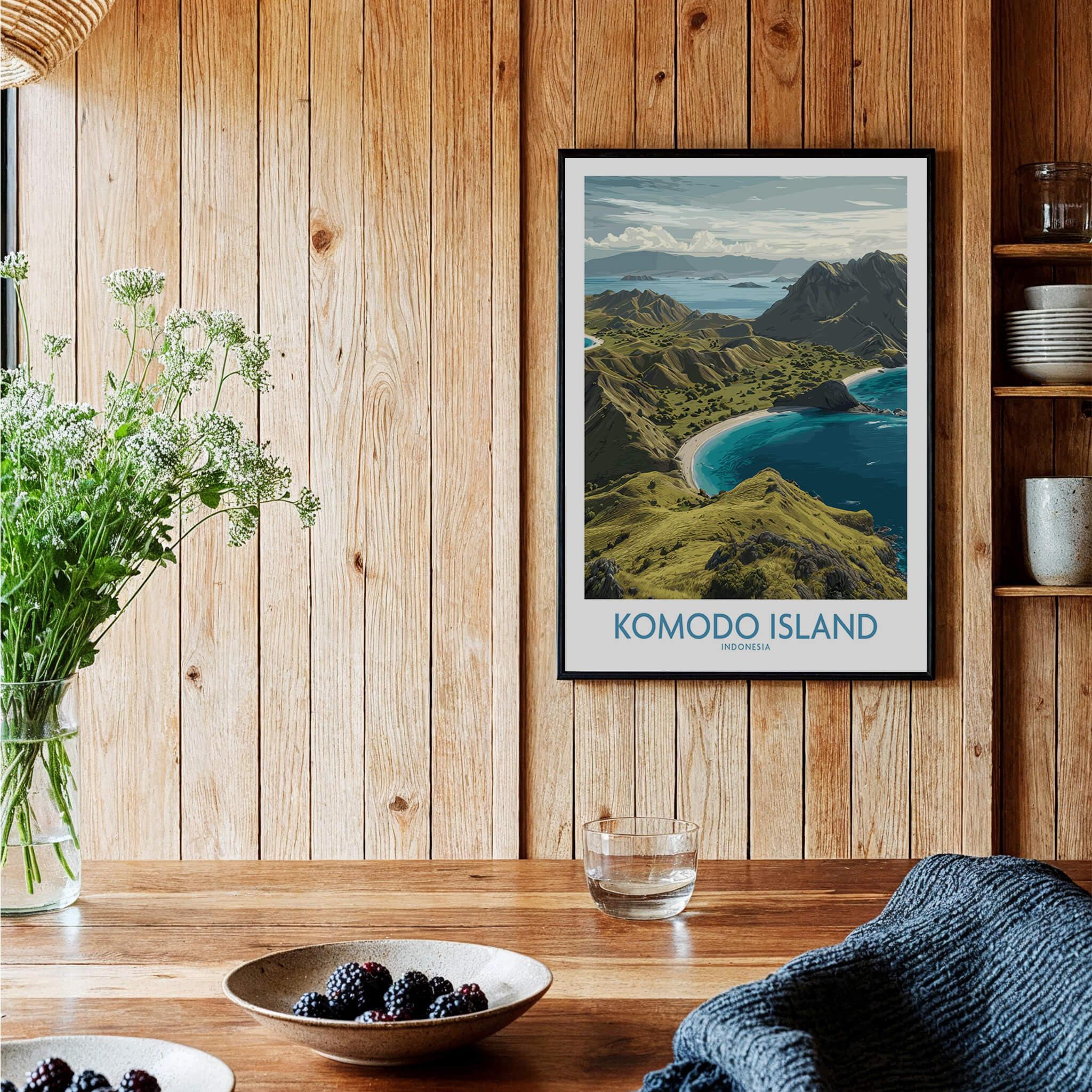 Komodo Island art print with coastal landscape in a black frame, displayed in a rustic kitchen