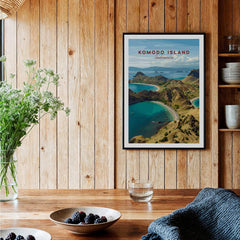 Komodo Island art print with coastal landscape, framed and displayed in a rustic kitchen setting