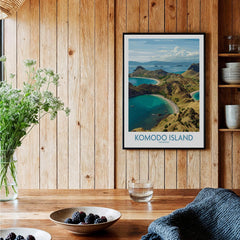 Komodo Island travel poster in black frame on wooden kitchen wall, rustic decor