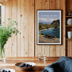Framed Komodo Island travel poster print on wooden kitchen wall, rustic home decor