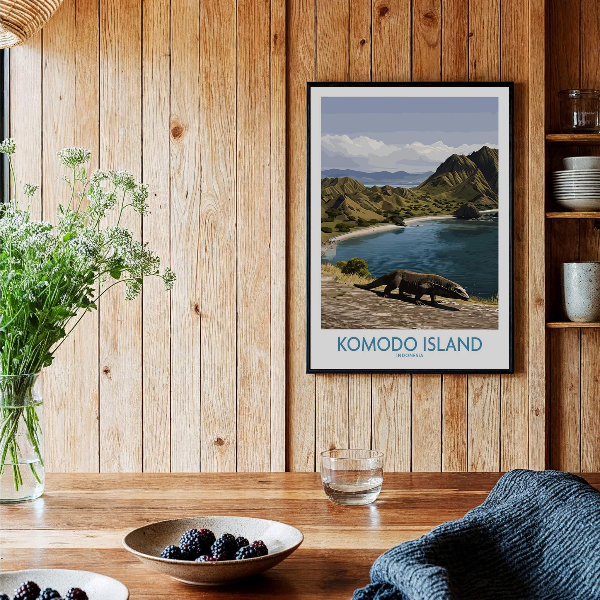 Komodo Island travel poster art print in black frame on wood kitchen wall decor