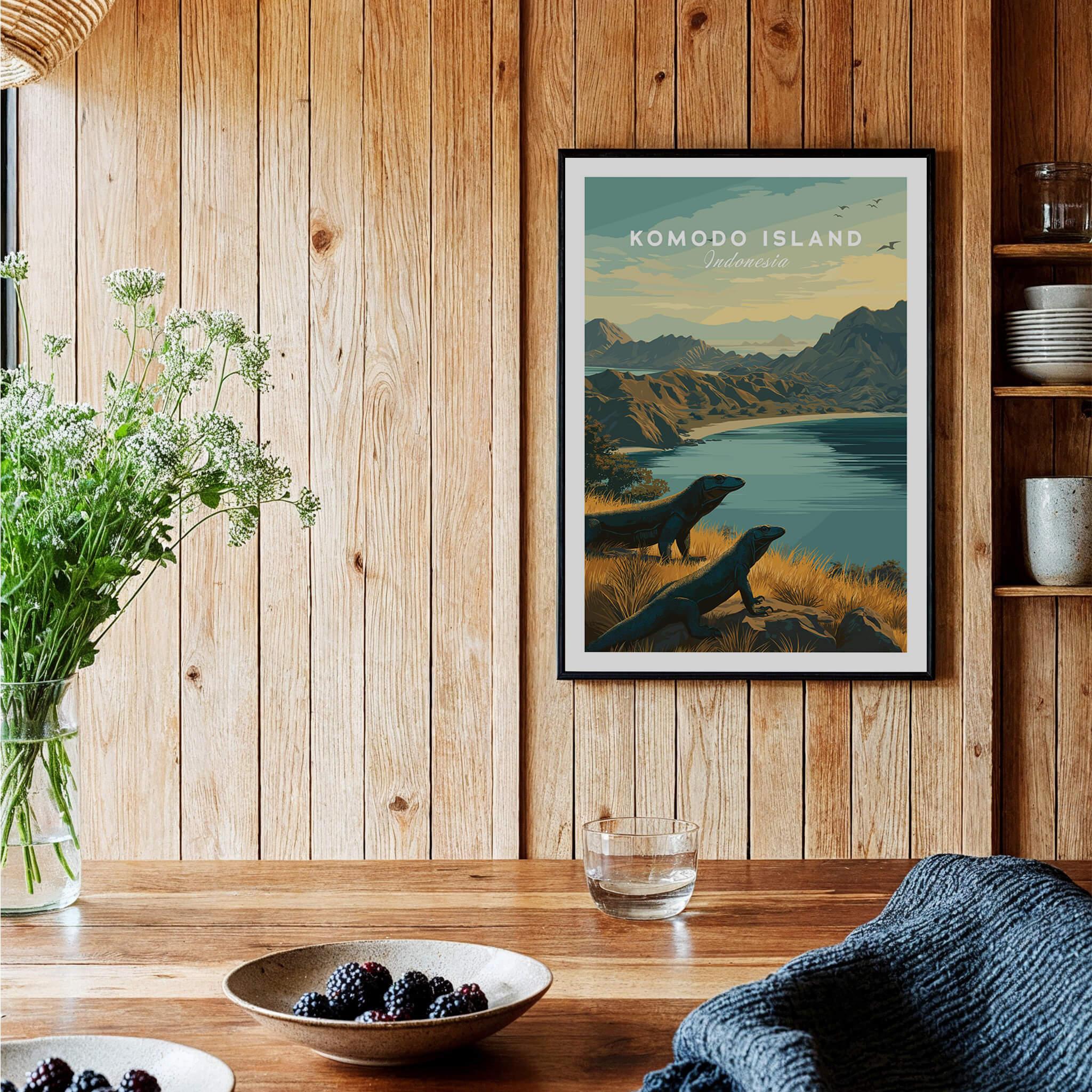 Komodo Island travel poster art print in black frame, styled in a modern rustic kitchen