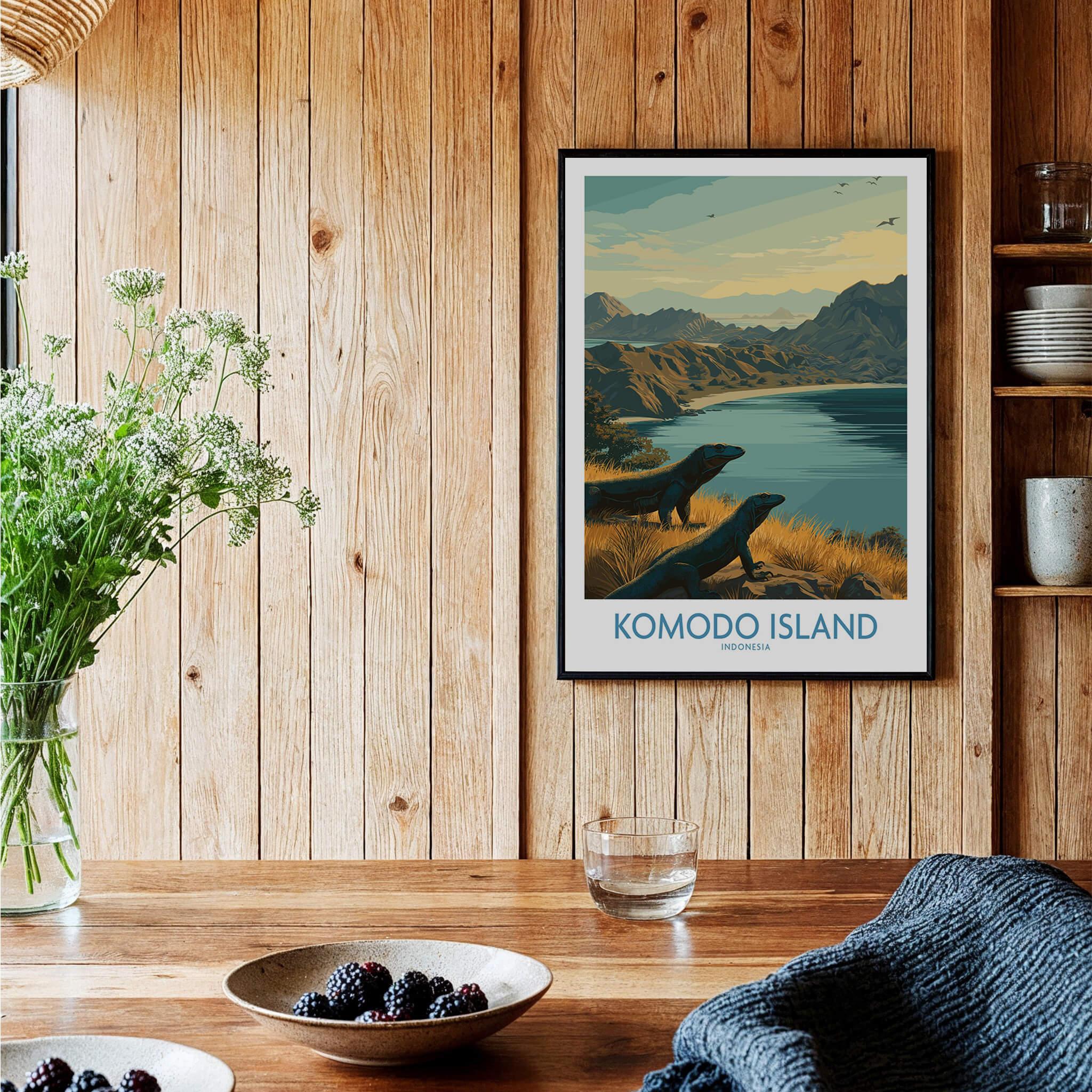 Komodo Island travel poster wall art in cozy wooden kitchen setting with bowls of berries
