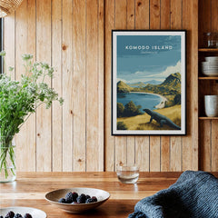 Framed Komodo Island travel poster art print hanging in a rustic kitchen setting