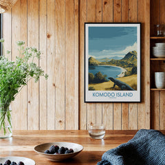 Komodo Island travel poster in black frame on wooden kitchen wall, modern rustic decor