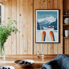 Framed Kronplatz ski resort travel poster in cozy wood kitchen setting