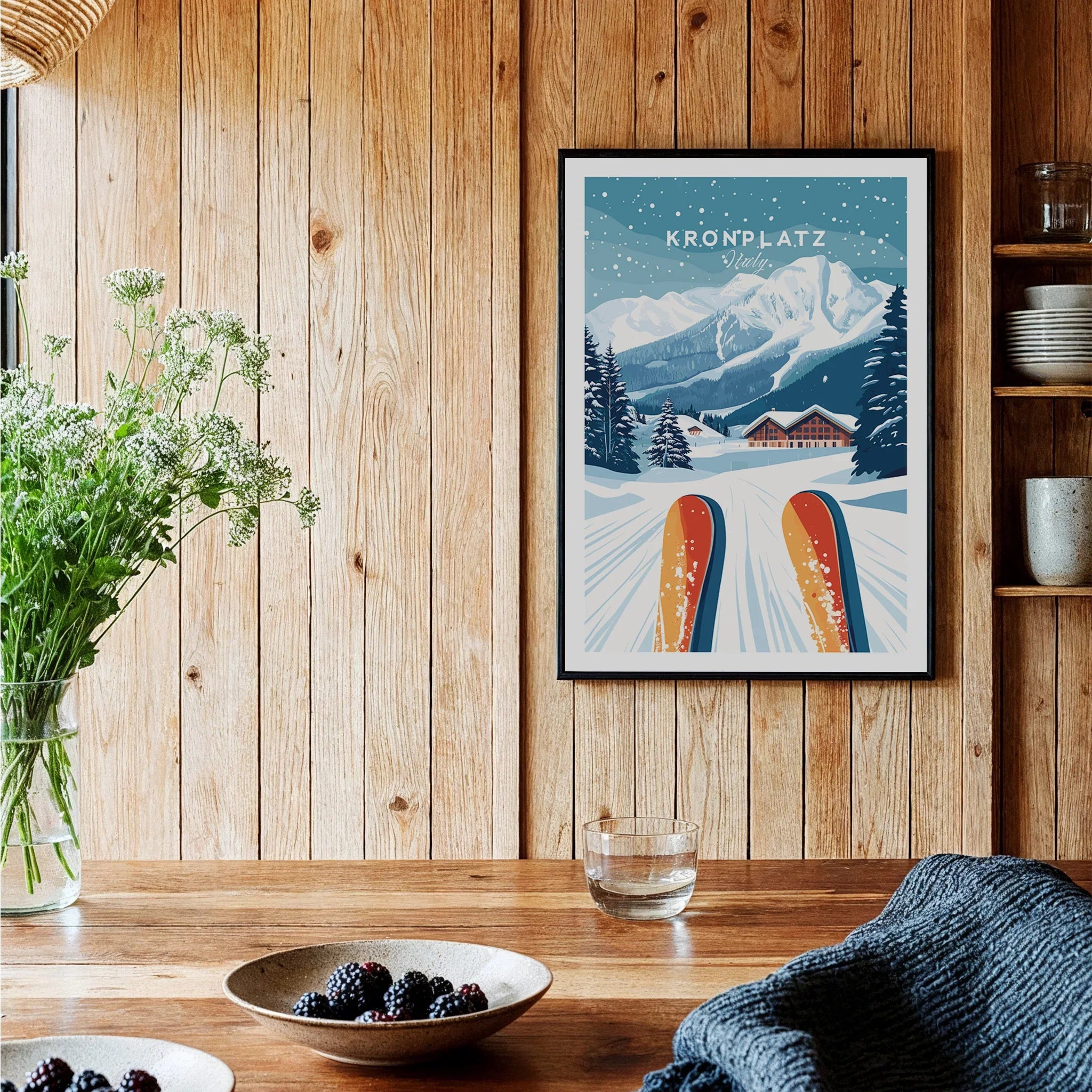 Framed Kronplatz ski resort travel poster in cozy wood kitchen setting