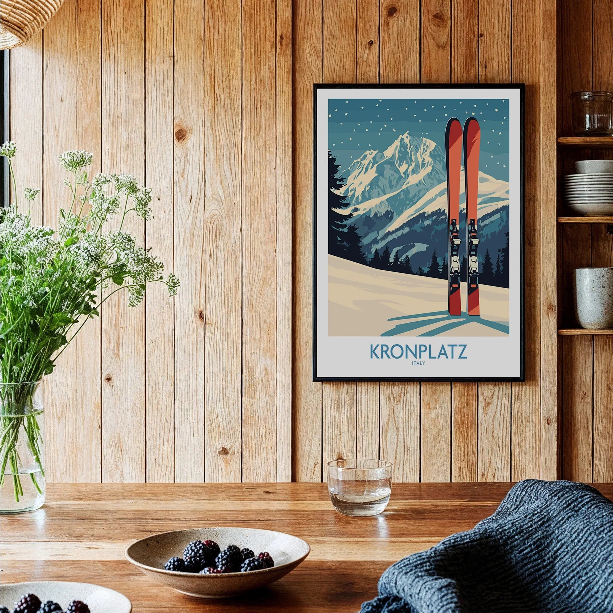 Framed Kronplatz travel art print in rustic kitchen with wooden walls and modern decor