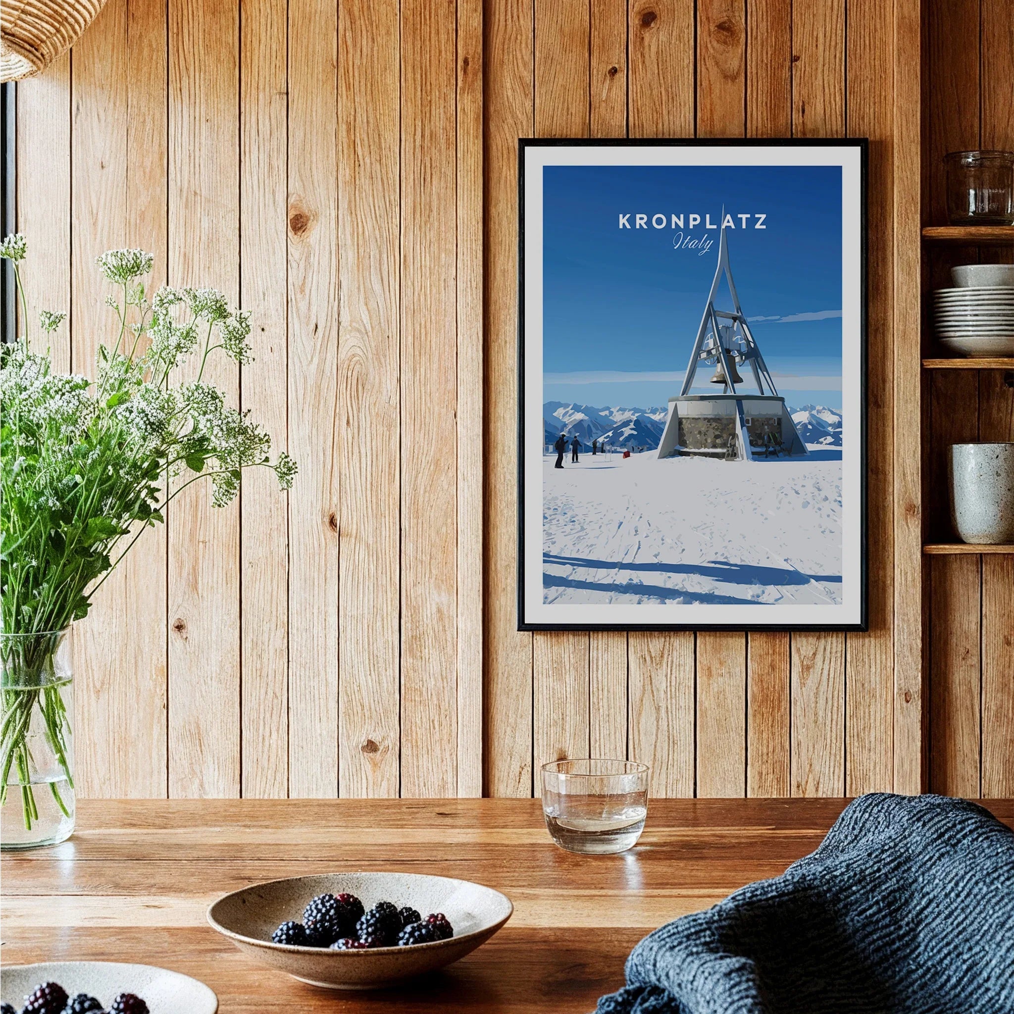 Kronplatz Italy travel poster framed on wooden kitchen wall, alpine mountain art print