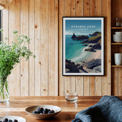 Kynance Cove Cornwall Wall Art Print | British Coastline Landscape Travel Poster displayed in a cozy interior setting.