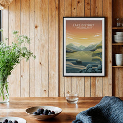Lake District National Park art print in black frame on wooden kitchen wall, rustic decor
