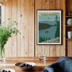 Lake Tahoe travel poster art print in black frame on wood kitchen wall, rustic decor