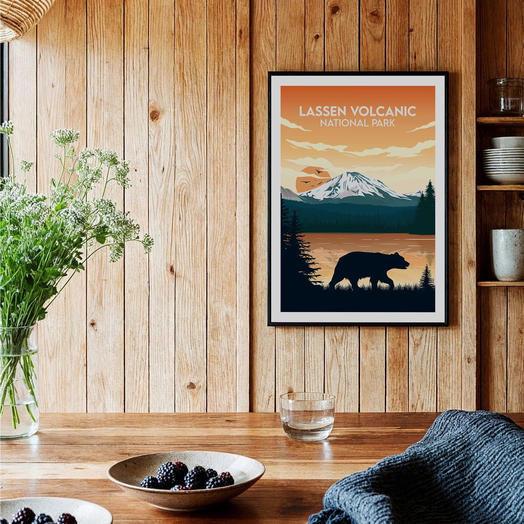 Lassen Volcanic National Park art print with bear silhouette in a rustic kitchen setting