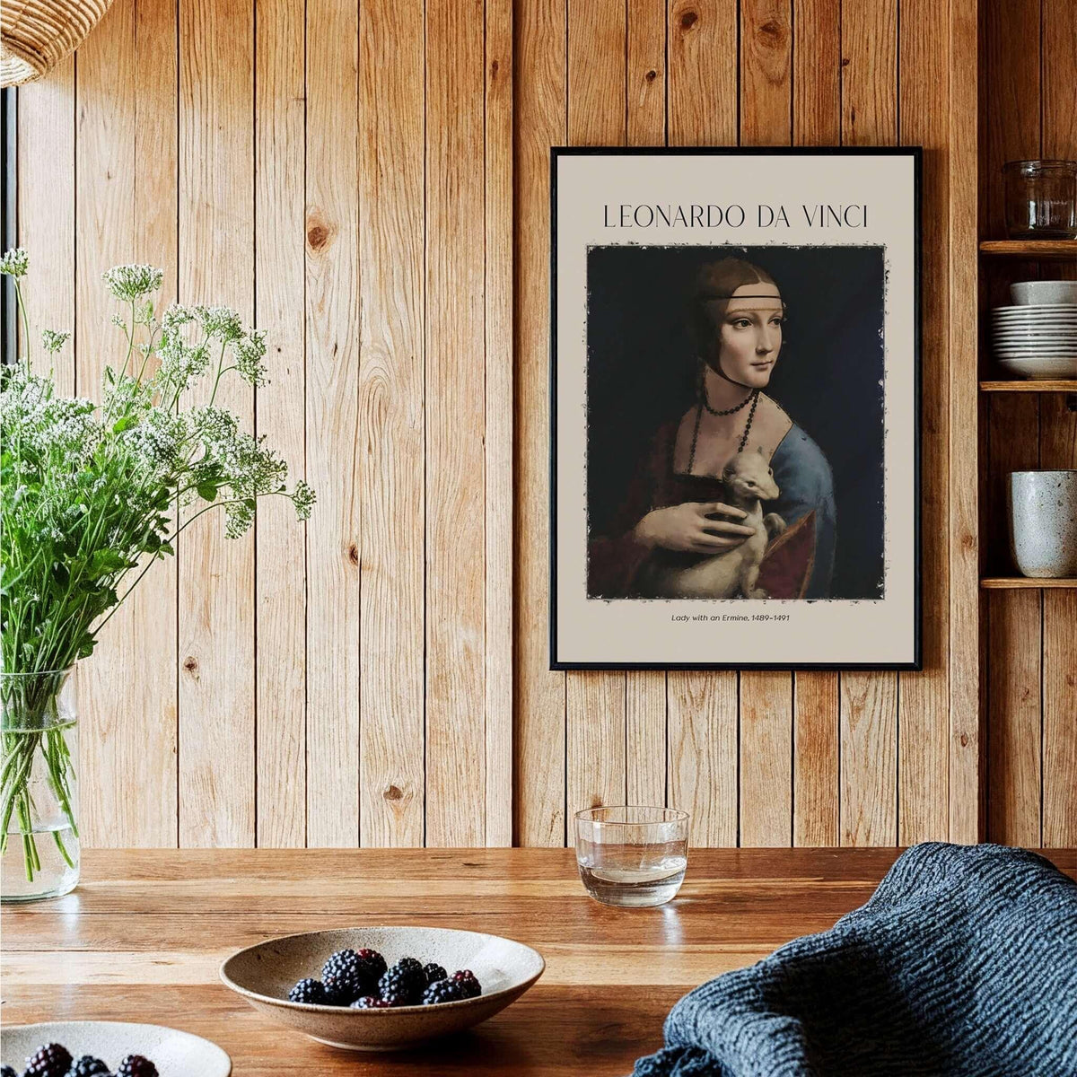 Leonardo da Vinci Art Print - Lady with an Ermine 1490 Cecilia Gallerani Portrait Art Print displayed in a rustic home setting.