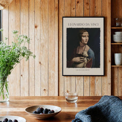 Leonardo da Vinci Art Print - Lady with an Ermine 1490 Cecilia Gallerani Portrait Art Print displayed in a rustic home setting.