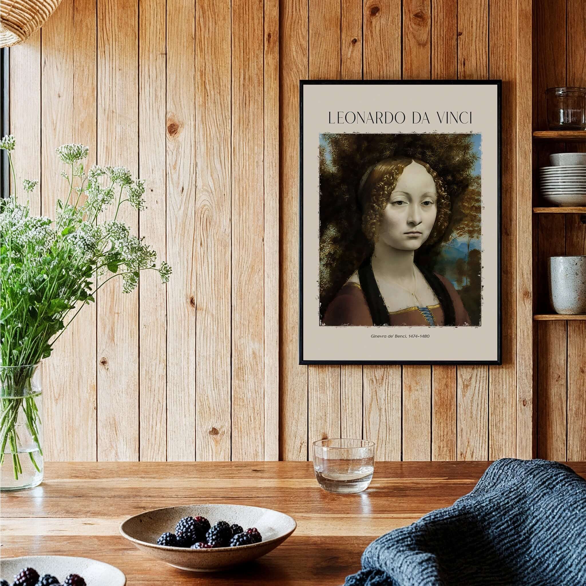 Leonardo da Vinci Art Print -  Ginevra de Benci c1474 Early Renaissance Portrait Art Print displayed in a wooden interior.