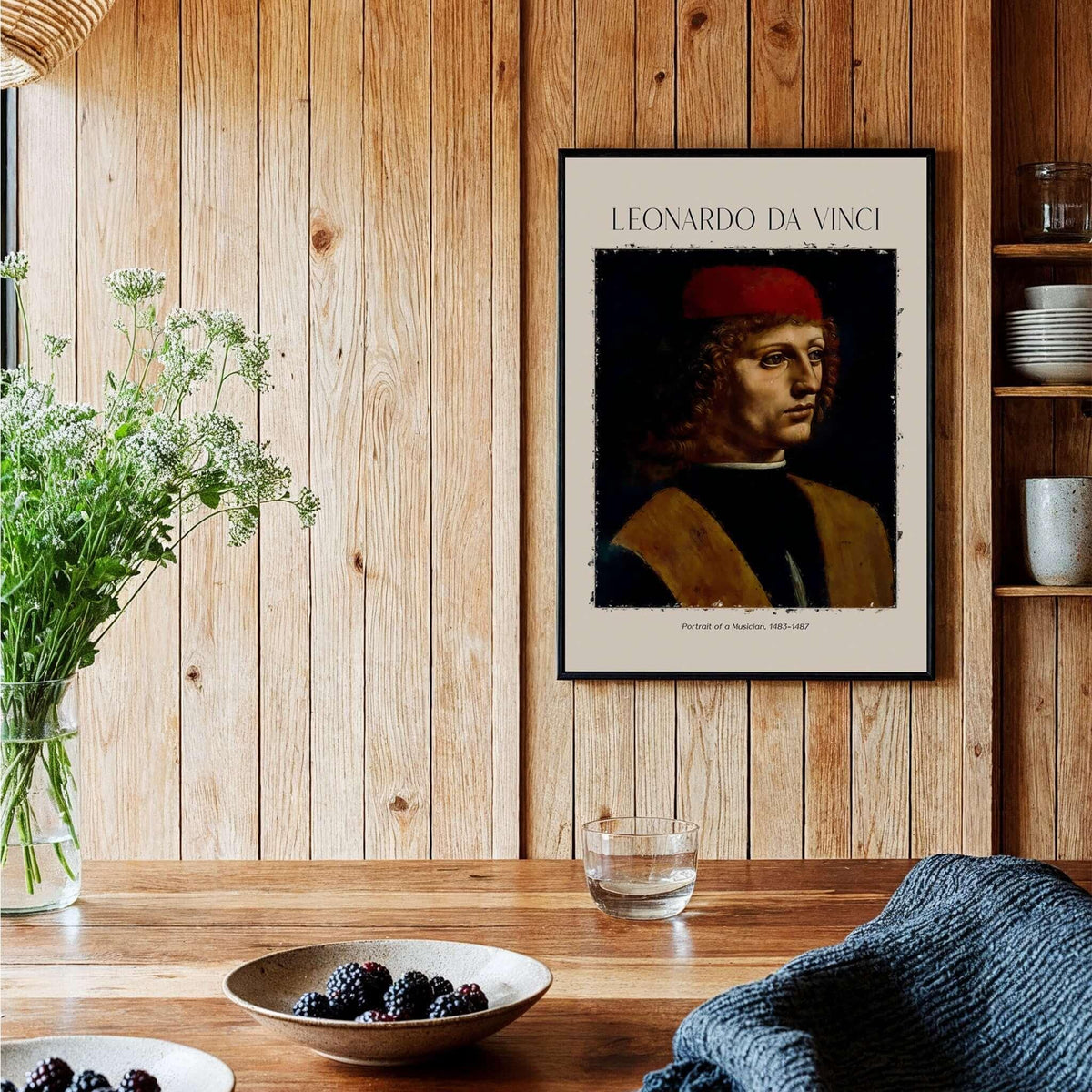 Leonardo da Vinci Art Print -  Portrait of a Musician 1480s Early Male Portrait Art Print displayed in a cozy setting.