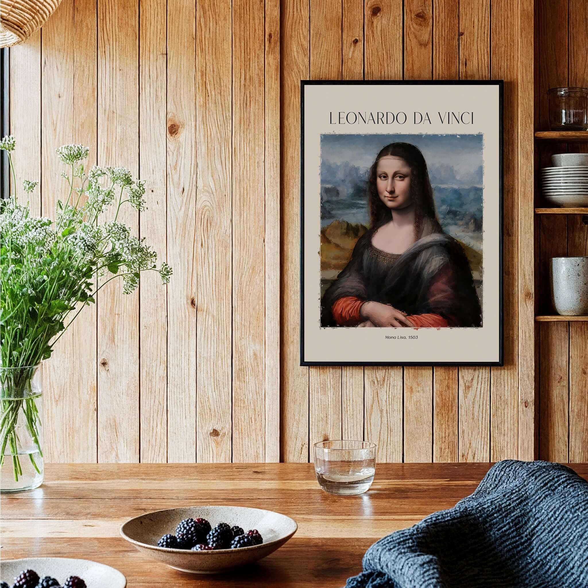Leonardo da Vinci Art Print -  Mona Lisa 1503 Iconic Renaissance Portrait Art Print Louvre Poster displayed in a wooden interior.