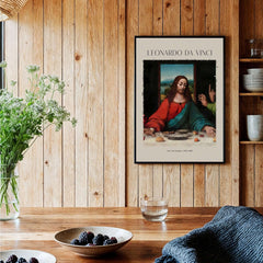 Leonardo da Vinci Art Print -  The Last Supper Detail Christ 1498 Renaissance Mural Art Print displayed in a warm wooden setting.