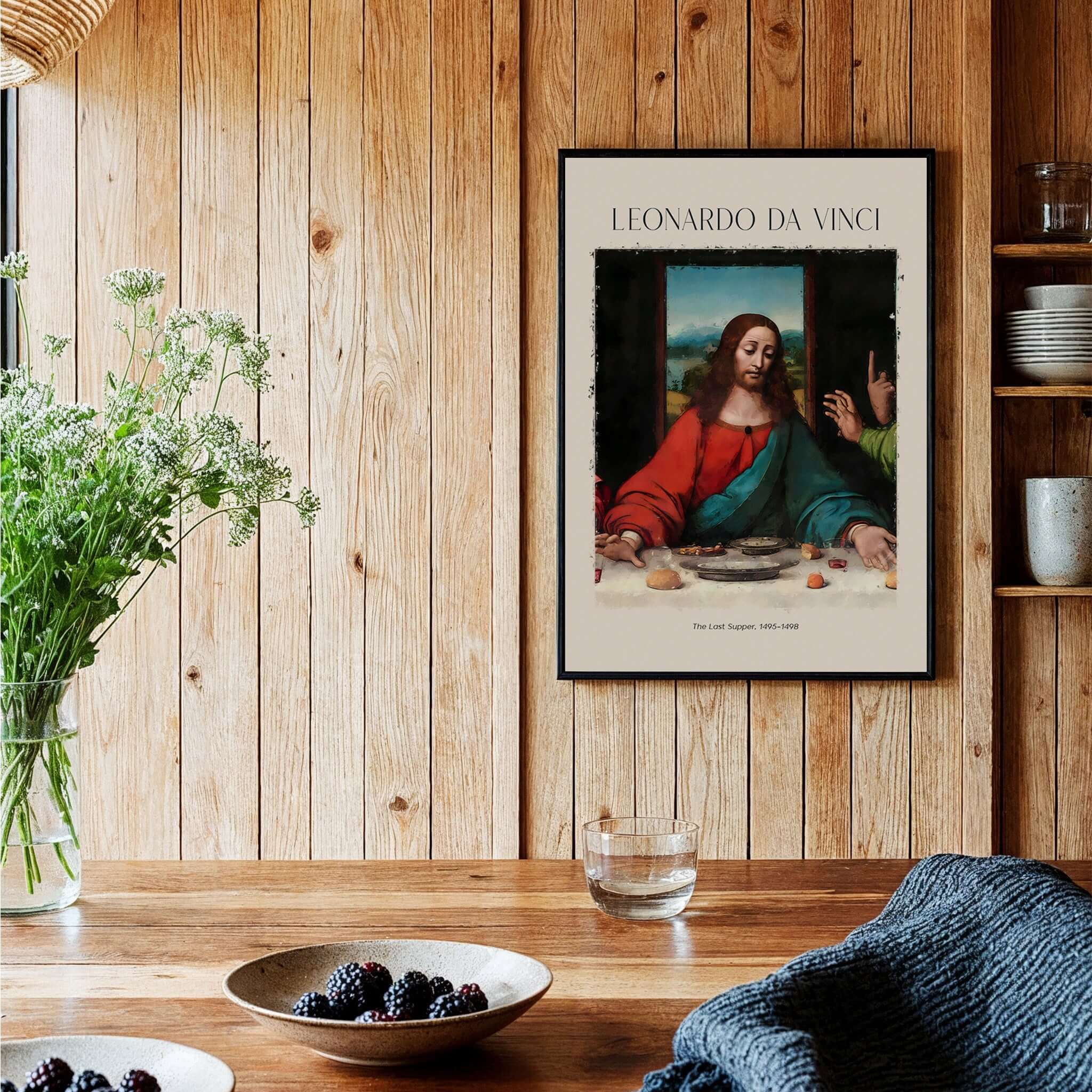 Leonardo da Vinci Art Print -  The Last Supper Detail Christ 1498 Renaissance Mural Art Print displayed in a warm wooden setting.