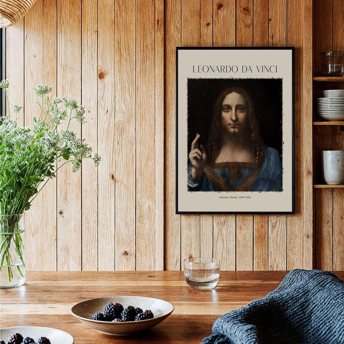 Leonardo da Vinci Salvator Mundi c1500 Portrait of Christ Art Print Poster displayed in a rustic interior.