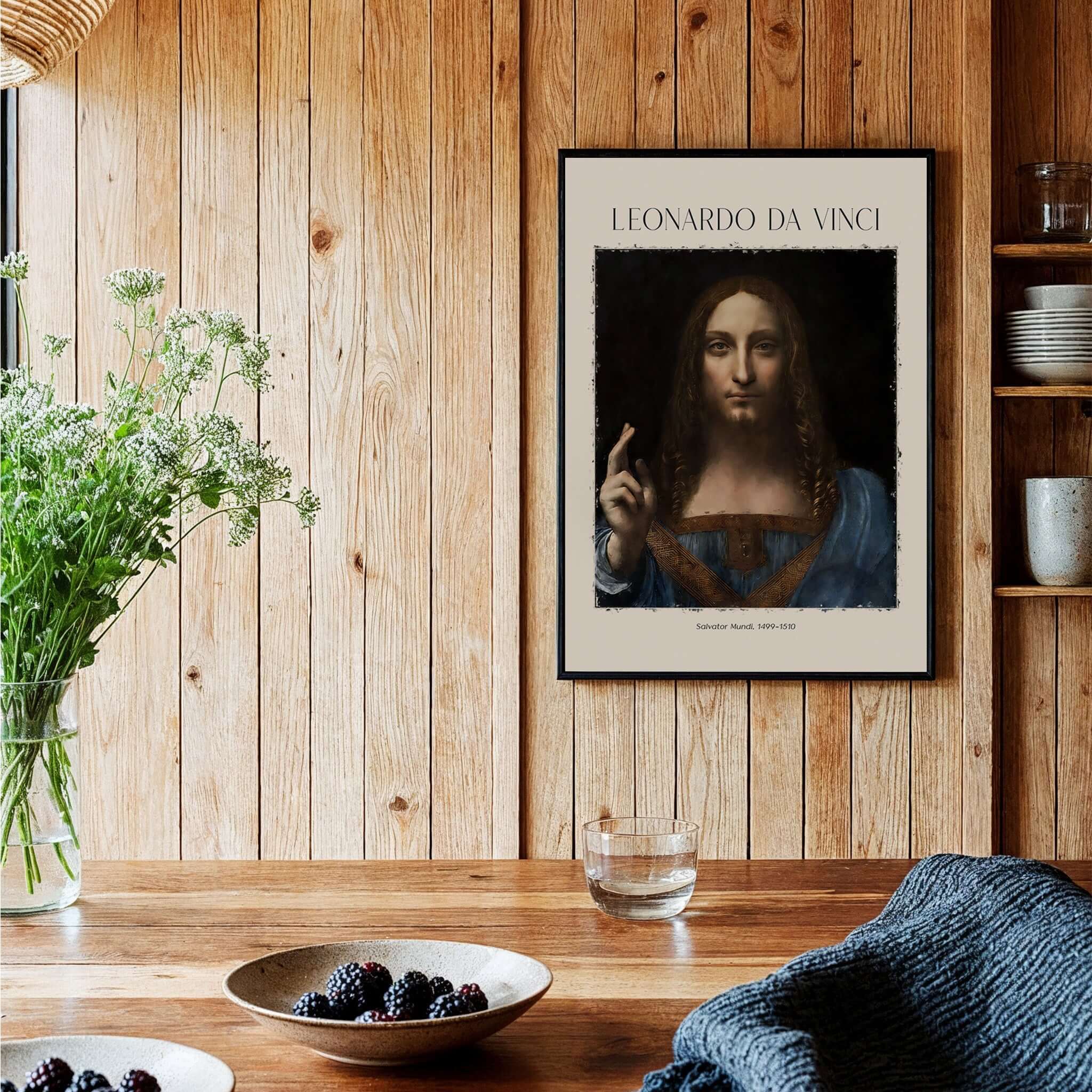 Leonardo da Vinci Salvator Mundi c1500 Portrait of Christ Art Print Poster displayed in a rustic interior.
