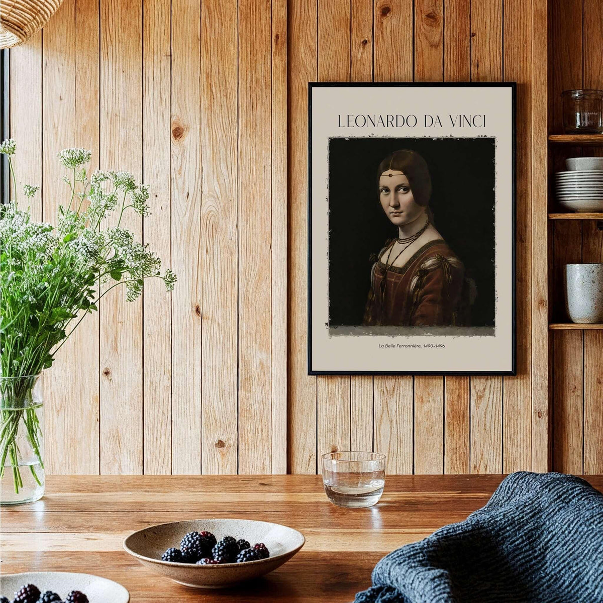 Leonardo da Vinci La Belle Ferronnière 1490s Renaissance Portrait Art Print displayed on a wooden wall.