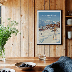 Framed Les Menuires France ski resort art print on wood kitchen wall, rustic decor
