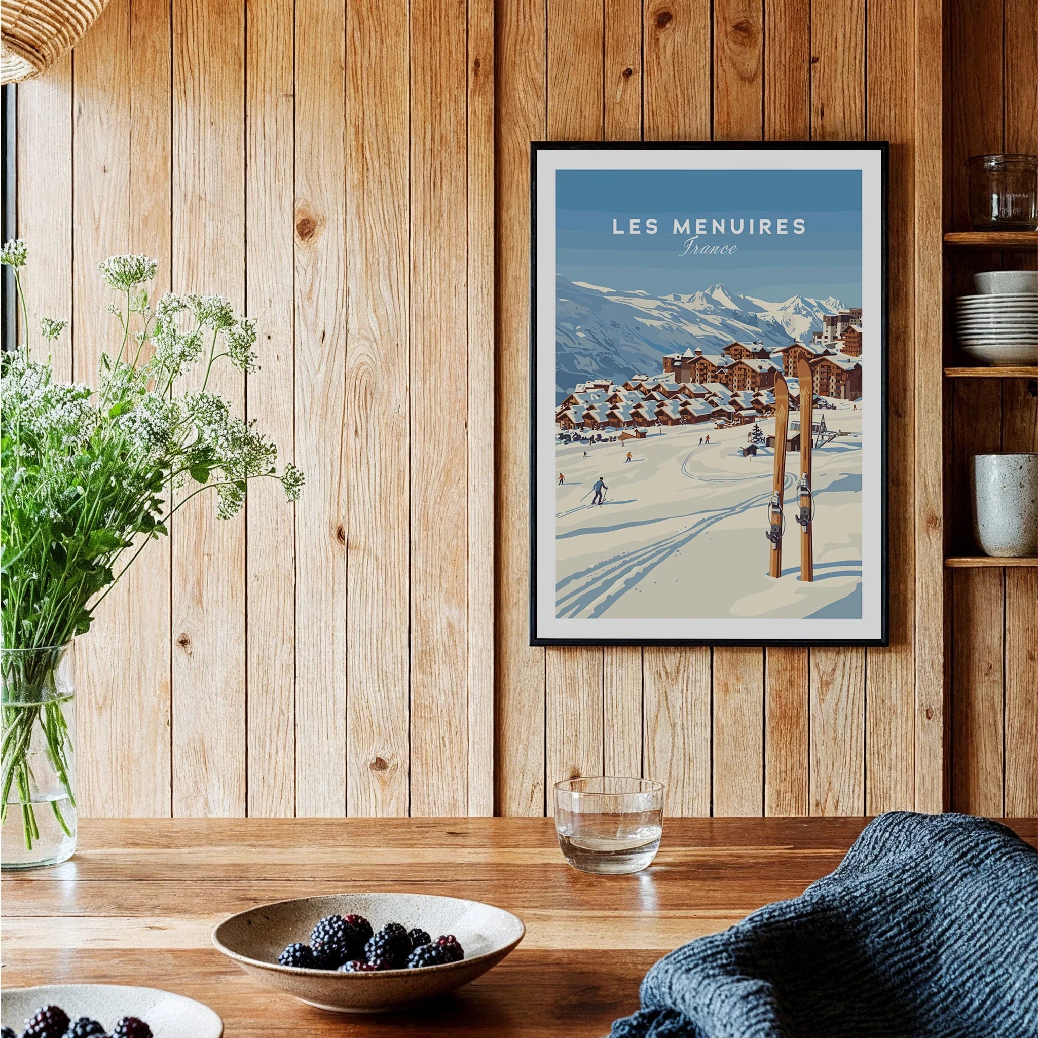Framed Les Menuires France ski resort art print on wood kitchen wall, rustic decor