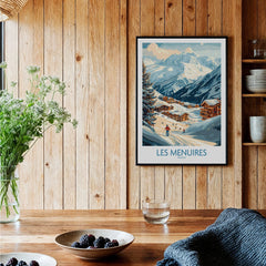 Framed Les Menuires France travel poster on wood kitchen wall, cozy rustic decor
