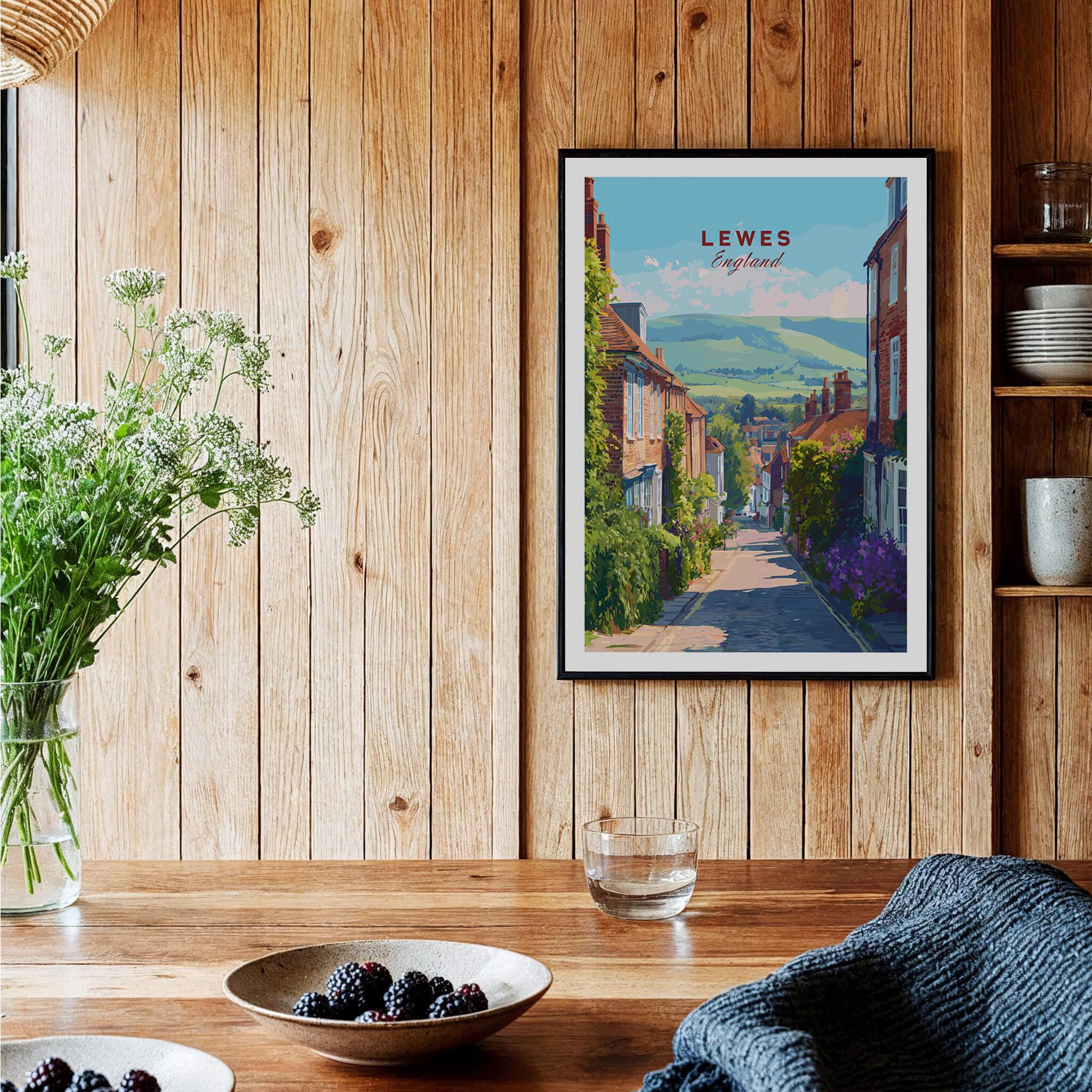 Lewes England travel poster art print in black frame, kitchen setting, rustic decor