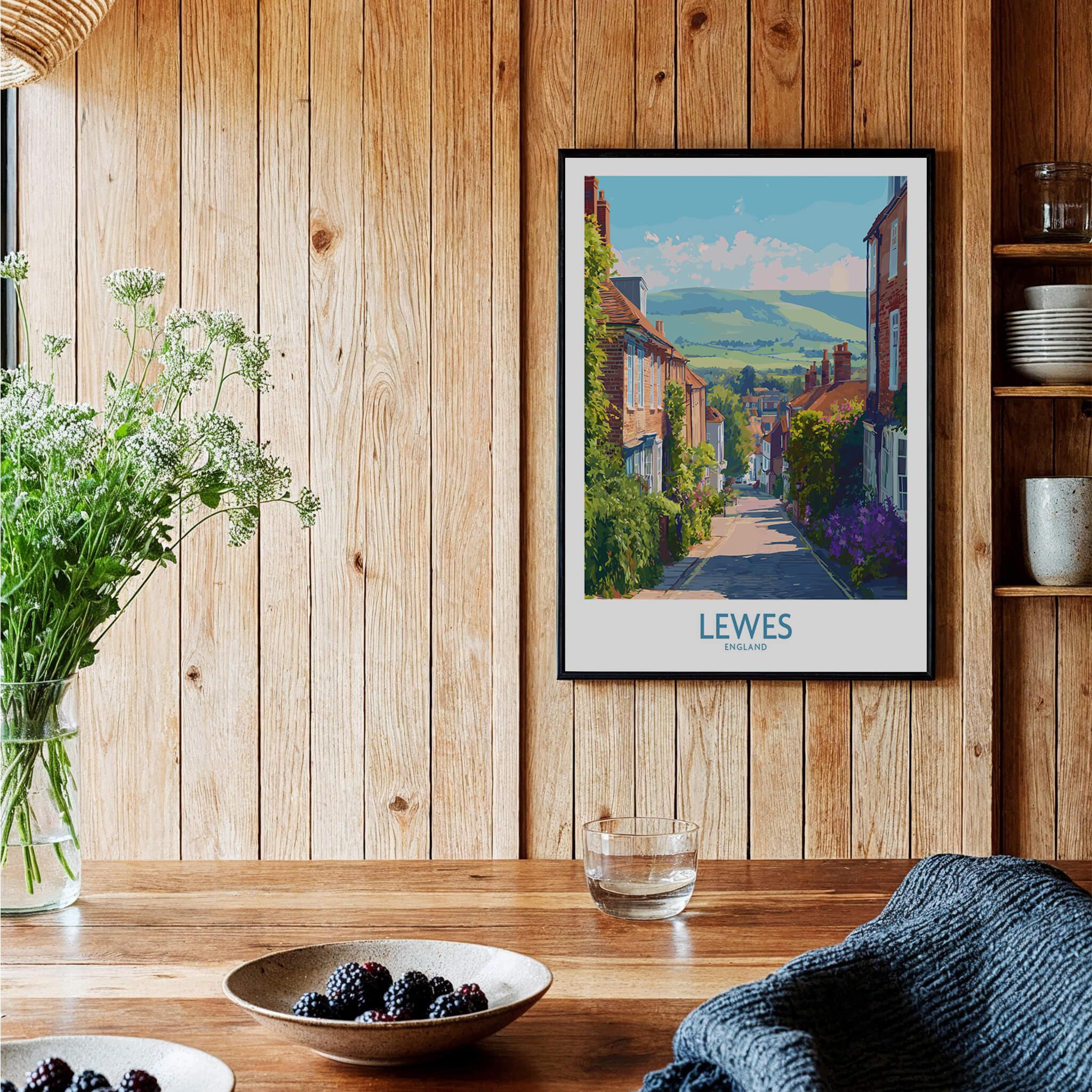 Lewes England travel poster framed wall art in rustic kitchen setting with wooden wall.