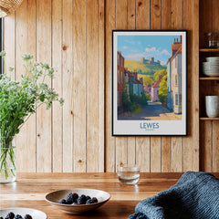 Lewes England travel poster framed on wood wall in rustic kitchen setting with fruit bowls