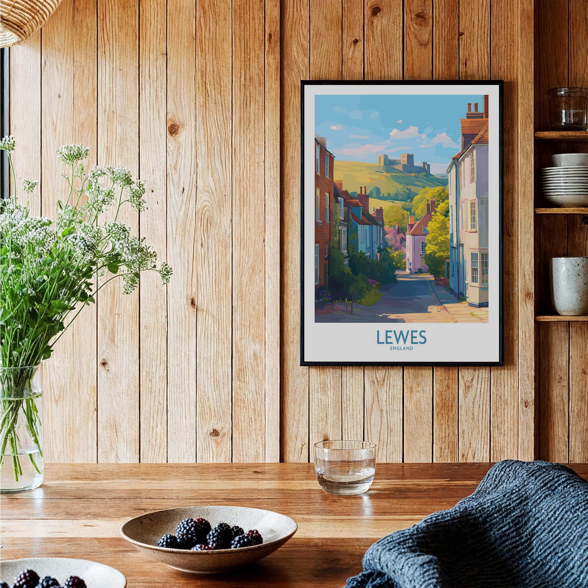 Lewes England travel poster framed on wood wall in rustic kitchen setting with fruit bowls