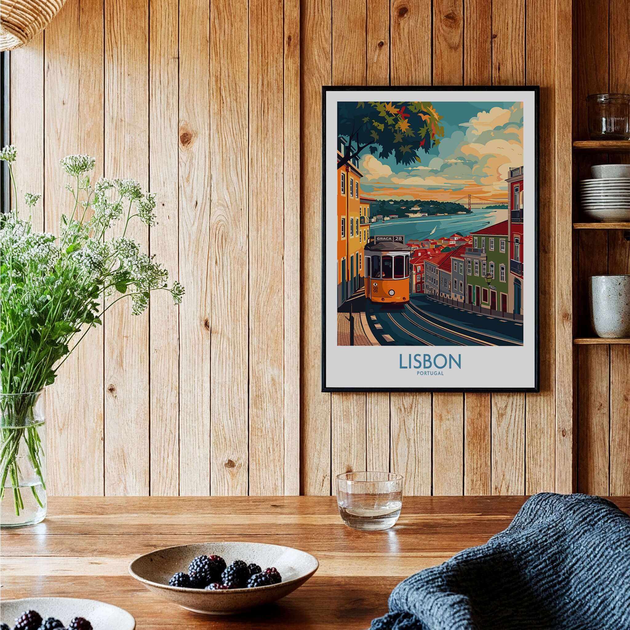 Lisbon Print - Portugal showcasing the iconic 28 tram in a vibrant home decor setting.