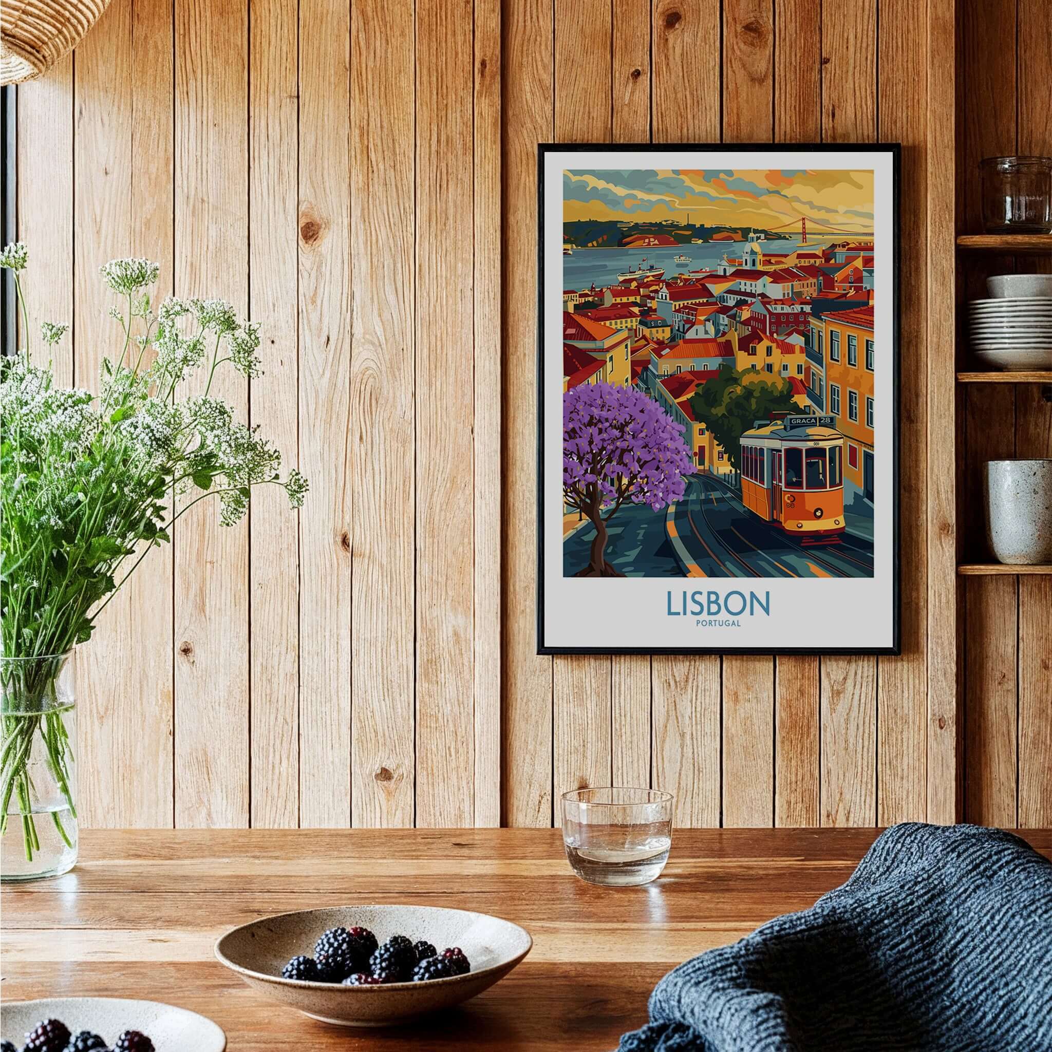 Lisbon Art Print featuring iconic tram 28 and Jacaranda trees, adding charm to home decor.