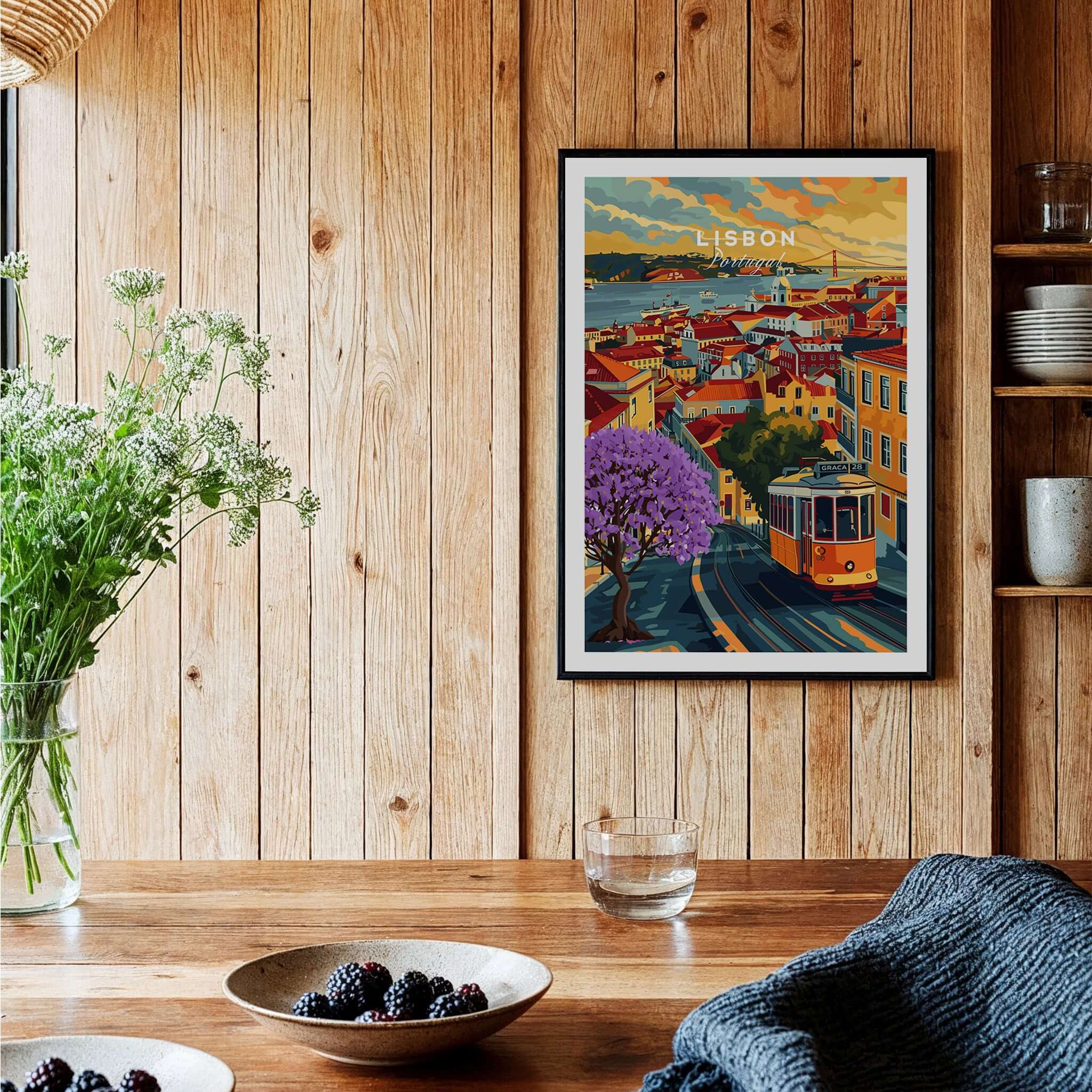 Lisbon Wall Art Poster featuring vibrant Jacaranda trees and Tram 28 in a cozy home setting.