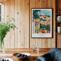 Lisbon Art Travel Print showcasing iconic tram and vibrant pastel colors in a charming Lisbon setting.