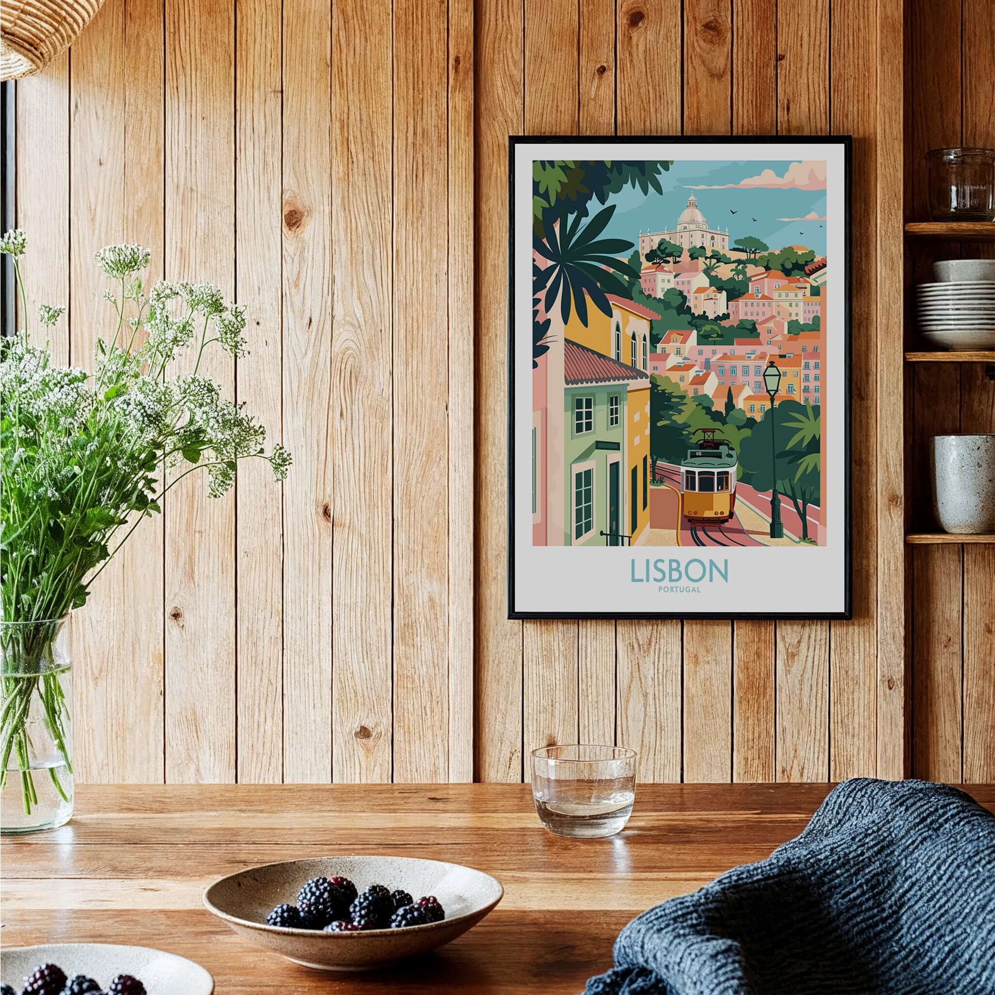 Lisbon Art Travel Print showcasing iconic tram and vibrant pastel colors in a charming Lisbon setting.