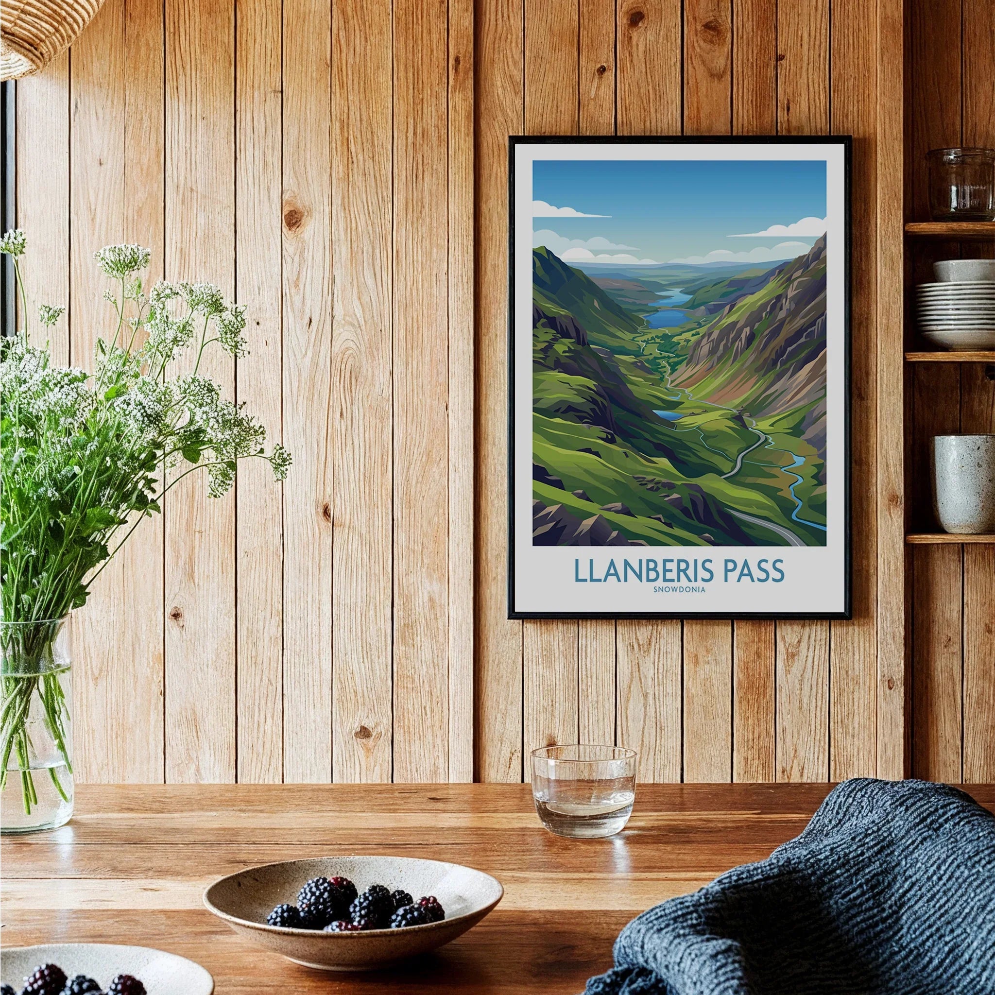 Llanberis Pass Snowdonia art print in black frame on wooden kitchen wall, rustic decor
