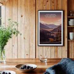 Framed Loch Lomond National Park art print on wooden kitchen wall with rustic decor