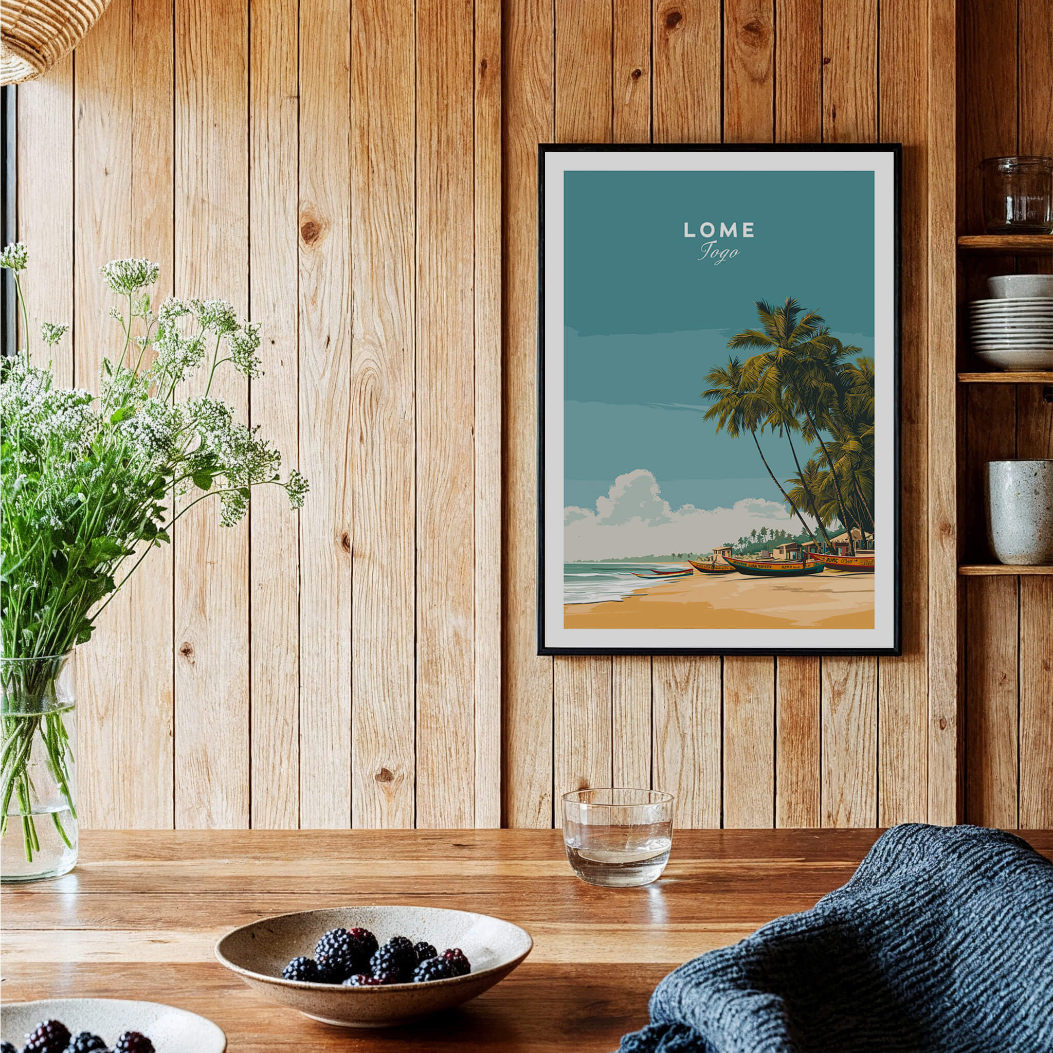 Lomé Togo Travel Posters | West African Beach & Palms Wall Art Print displayed in a cozy interior setting.