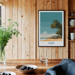 Lomé Togo Canvas Print | Tropical Coastal Village Scene Posters displayed in a cozy room with wooden accents.