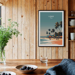 Lome Togo Poster Print Africa showcasing a vibrant beach scene with palm trees and clear waters.