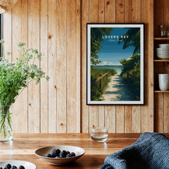 Lovers Key Florida Wall Art Print | State Park Beach Travel Poster displayed in a cozy home interior with wooden walls.