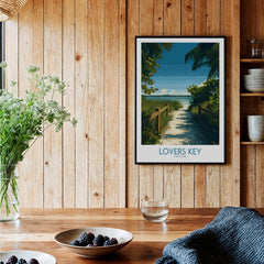 Lovers Key Florida Poster | Tropical Nature Path Canvas Print hung on a wooden wall with a cozy dining setup.