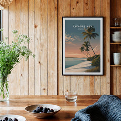 Lovers Key Travel Poster | Florida Sunset Palm Trees Wall Art Print displayed in a cozy kitchen with wood accents.