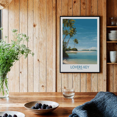 Lovers Key Poster | Florida Canvas Print displayed on wooden wall with palm trees and coastal scenery