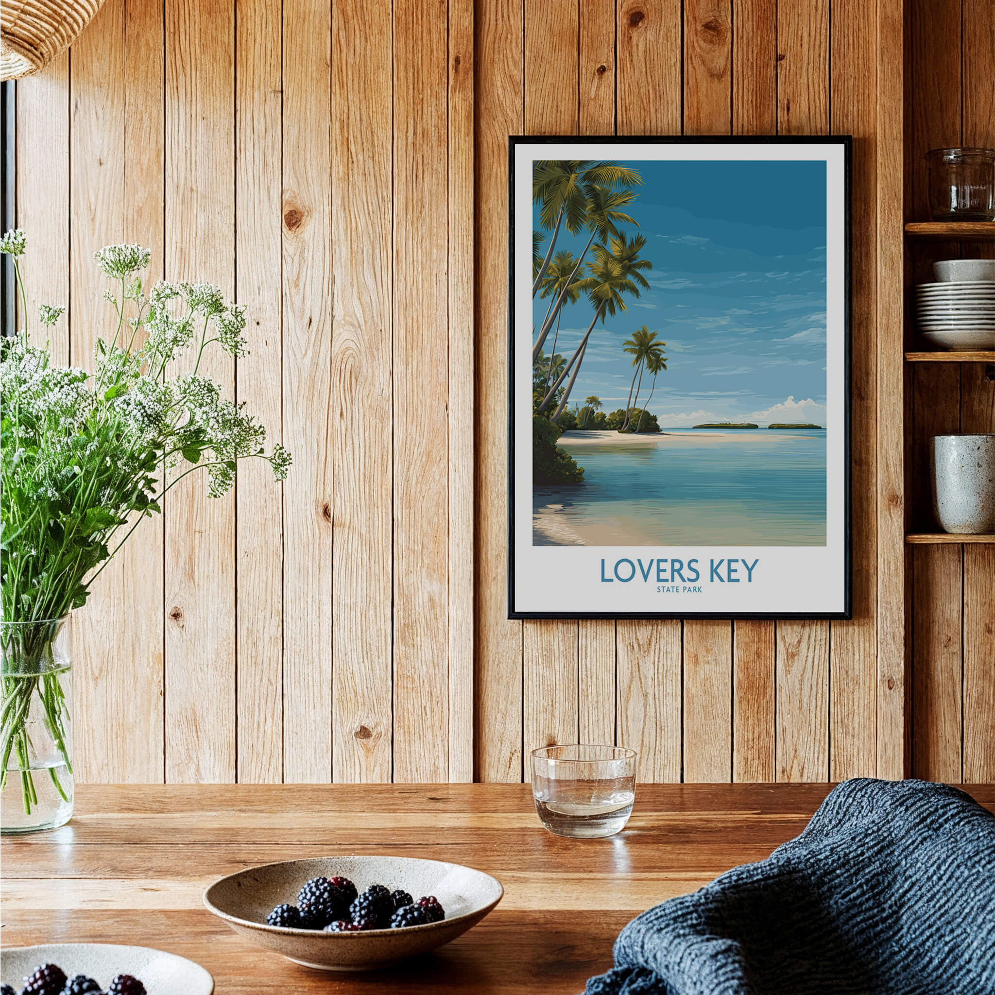 Lovers Key Poster | Florida Canvas Print displayed on wooden wall with palm trees and coastal scenery